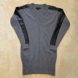 Central Park West Gray V-Neck Sweater Dress Faux Leather Stripe Sleeve S